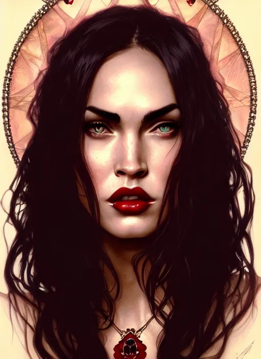 Image similar to portrait of megan fox as a vampire queen, jewelry, greek, ruby, intricate, headshot, highly detailed, digital painting, artstation, concept art, sharp focus, cinematic lighting, illustration, art by artgerm and greg rutkowski, alphonse mucha, cgsociety