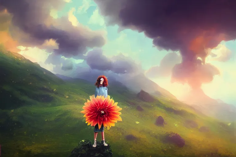 Image similar to face covered giant dahlia flower, girl on mountain, surreal photography, blue storm clouds, dramatic light, impressionist painting, digital painting, artstation, simon stalenhag