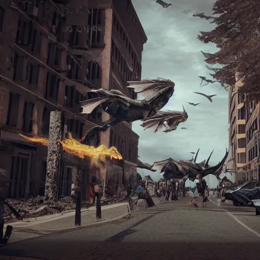 Prompt: realistic wyverns flying in a post apocalyptic street, photorealism 8k , high details