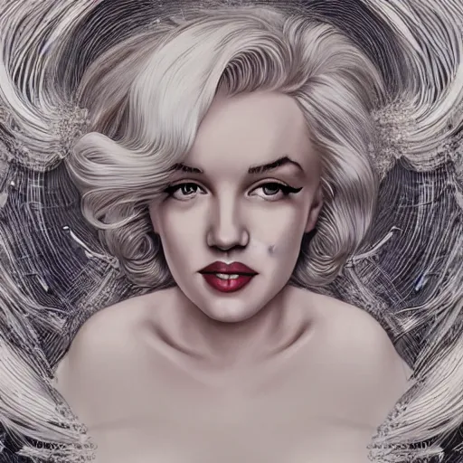 Image similar to a photograpic portrait of a Marilyn Monroe bioluminescent water wave wearing white clothes, fantasy, intricate, elegant, highly detailed, digital painting, artstation, concept art, smooth, sharp focus, illustration, art by artgerm and H R Giger and alphonse mucha