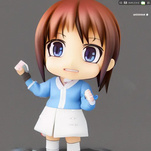 Image similar to character face portrait of a singular kawaii chibi in the sytle of kyoto animation, in simple background, nendoroid eyes, blender, toon rendering, toon shader