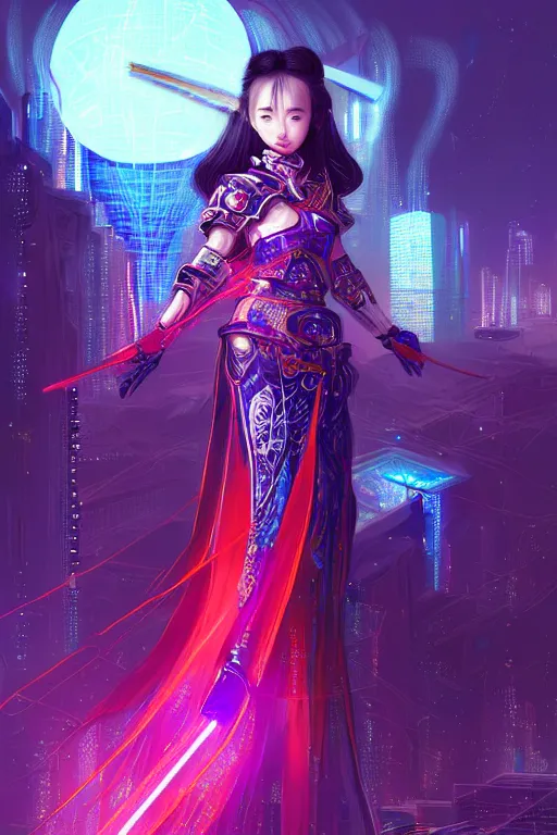 Image similar to portrait futuristic wuxia armor heroine Girl with thunder and fire sparkles and starlight, sword dance in future cyberpunk beijing night rooftop , ssci-fi, fantasy, intricate, very very beautiful, elegant, human structure, neon light, highly detailed, digital painting, artstation, concept art, smooth, sharp focus, illustration, art by tian zi and WLOP and alphonse mucha