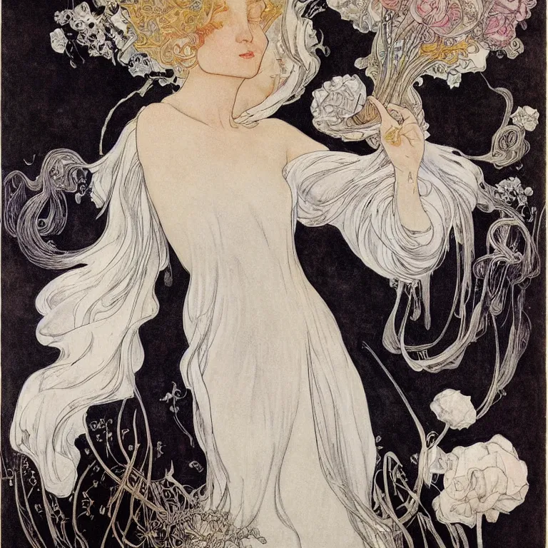 Image similar to Blonde woman standing in a white dress on a black background, with white roses Anton Pieck,Jean Delville, Amano,Yves Tanguy, Alphonse Mucha, Ernst Haeckel, Edward Robert Hughes,Stanisław Szukalski and Roger Dean