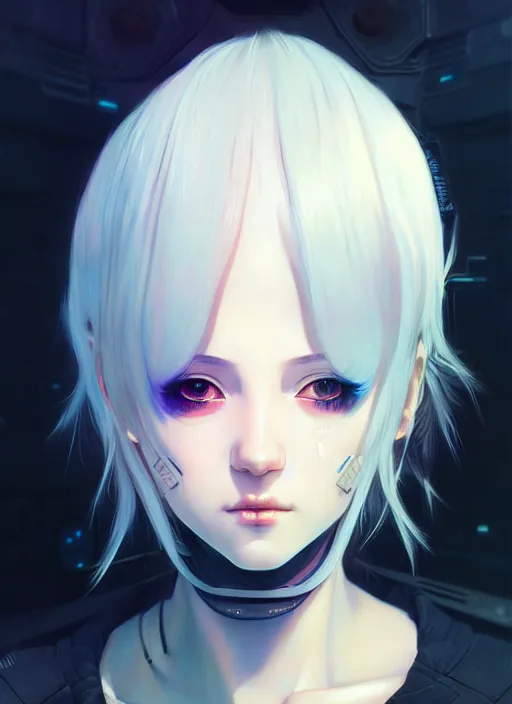 Image similar to portrait Anime girl cyberpunk, cute-fine-face, white-hair pretty face, realistic shaded Perfect face, fine details. Anime, cyberpunk. realistic shaded lighting by Ilya Kuvshinov and Gustav Klimt