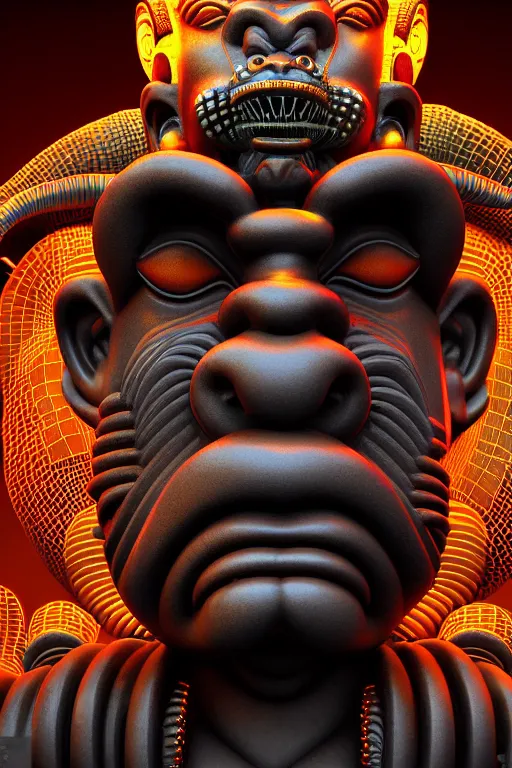 Image similar to high quality 3 d render post - rococo cyberpunk hanuman! head building, neon madhubani, open mouth, highly detailed, in sci - fi mumbai, cinematic smooth unreal engine, lee madgwick & liam wong, dramatic light, low angle, uhd 8 k, sharp focus