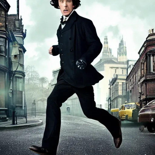 Image similar to [UHD candid photo of Sherlock Holmes running down the streets of futuristic steampunk London, correct face, accurate details, graphic detail, sharp focus by Annie Leibowitz]