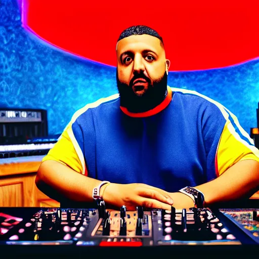 Image similar to ultra detailed portrait photo of dj khaled in a studio, blue, under red and yellow cinematic lighting, by van gogh, cartoon