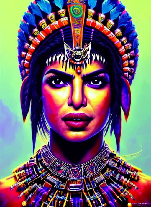 Image similar to portrait of priyanka chopra, hyper detailed ultra sharp aztec shaman warrior. trending on artstation, warpaint aesthetic, bloodwave, colorful, psychedelic, ornate, intricate, digital painting, concept art, smooth, sharp focus, illustration, art by artgerm and greg rutkowski and h. r. giger, 8 k