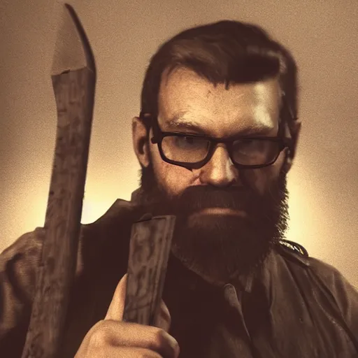 Prompt: jack baker from resident evil 7 ( 2 0 1 7 ) wielding axe, bearded, thinning hair, circular glasses, cinematic lighting, eerie atmosphere, photograph