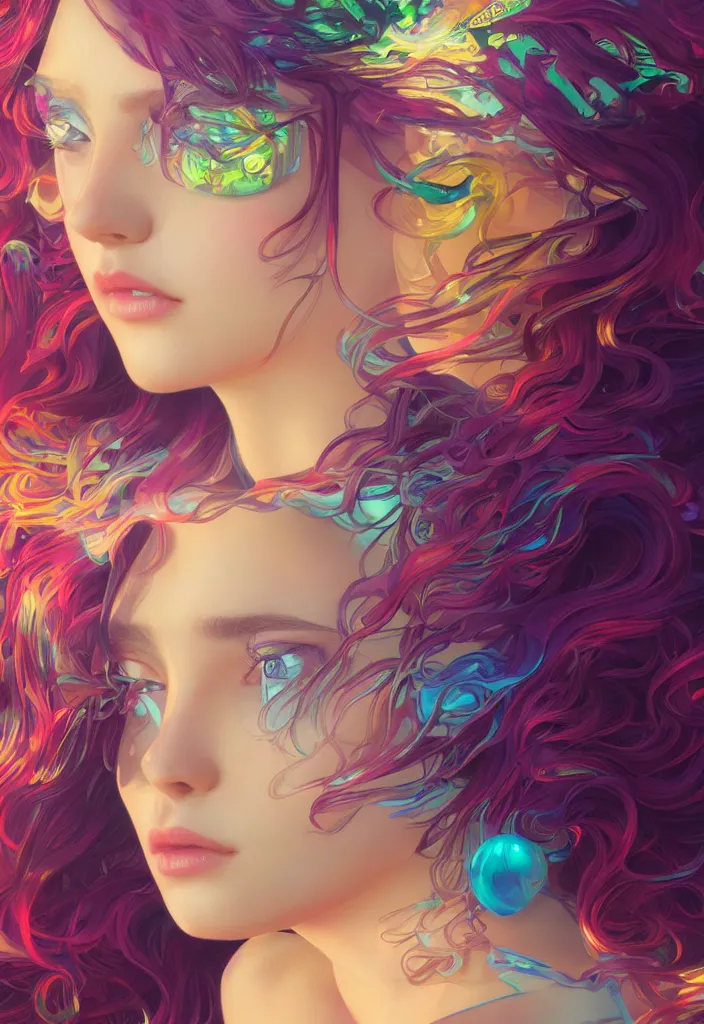Image similar to beautiful, young woman, detailed gorgeous face, vaporwave aesthetic, synthwave, colorful, psychedelic, crown, artstation, concept art, smooth, extremely sharp detail, finely tuned detail, ultra high definition, 8 k, unreal engine 5, ultra sharp focus, illustration, art by artgerm and greg rutkowski and alphonse mucha