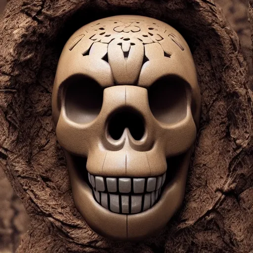 Image similar to a tiki skull head made of monster clay, photography, amazing sculpt, featured on behance, trending on artstation, 4k, hyperrealistic