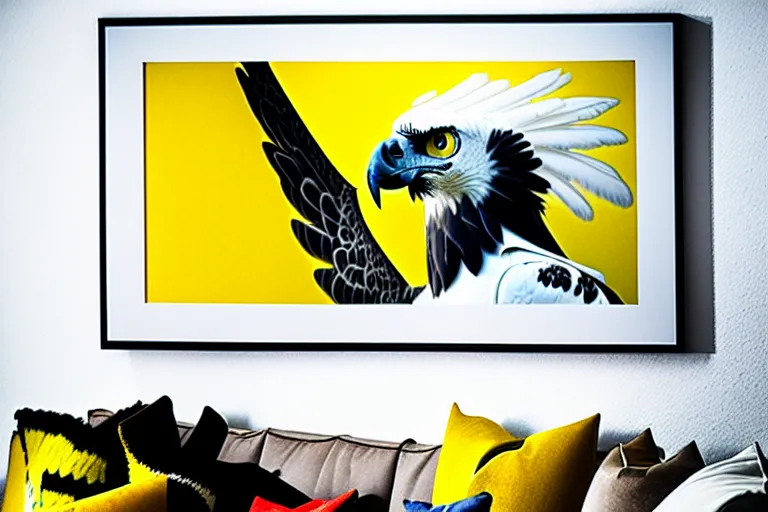 Prompt: side view of harpy eagle, framed photo hanging above couch, carl barks, cross hatching, yellow and black