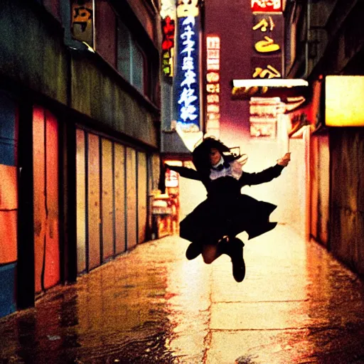 Prompt: 1990s perfect 8K HD professional cinematic photo of close-up japanese schoolgirl jumping in dystopian alleyway with neon signs, at evening during rain, at instagram, Behance, Adobe Lightroom, with instagram filters, depth of field, taken with polaroid kodak portra