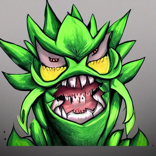 Image similar to A fierce plant monster with mean eyes and an evil smile, trending on art station