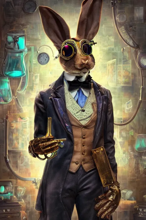 Image similar to ultra realist soft painting of a single steampunk humanoid rabbit detective, crime scene, very intricate details, volumetric rainbow lighting, reflections, refractions, symmetry accurate anatomy features, fantasy background, unreal render