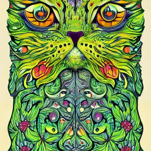 Image similar to colourful green man cat by louis wain and william morris, 8 k, artstation