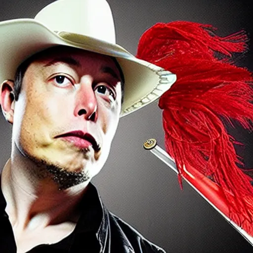 Image similar to photo of elon musk as a musketeer, he has a big black hat with a red feather, he is holding a shiny rapier sword and he is looking straight to the camera