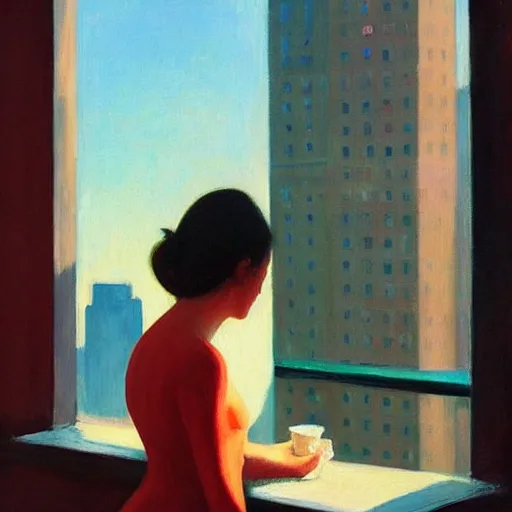 Prompt: “ a girl holding a cup of coffee looking out a window overlooking the east village in new york city, morning light, by edward hopper ”