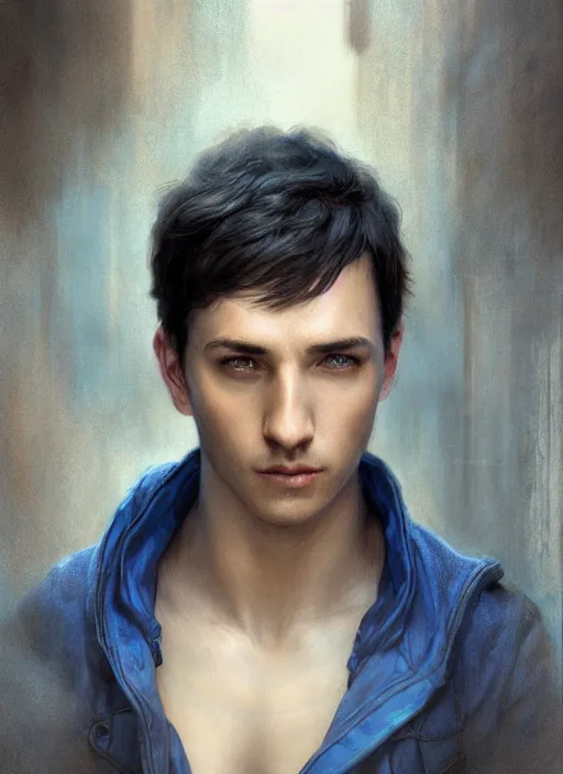 Prompt: handsome young man with short black hair, male, dressed in blue, looking down, half body shot, arms down, path traced, highly detailed, high quality, digital painting, bastien lecouffe - deharme, mucha
