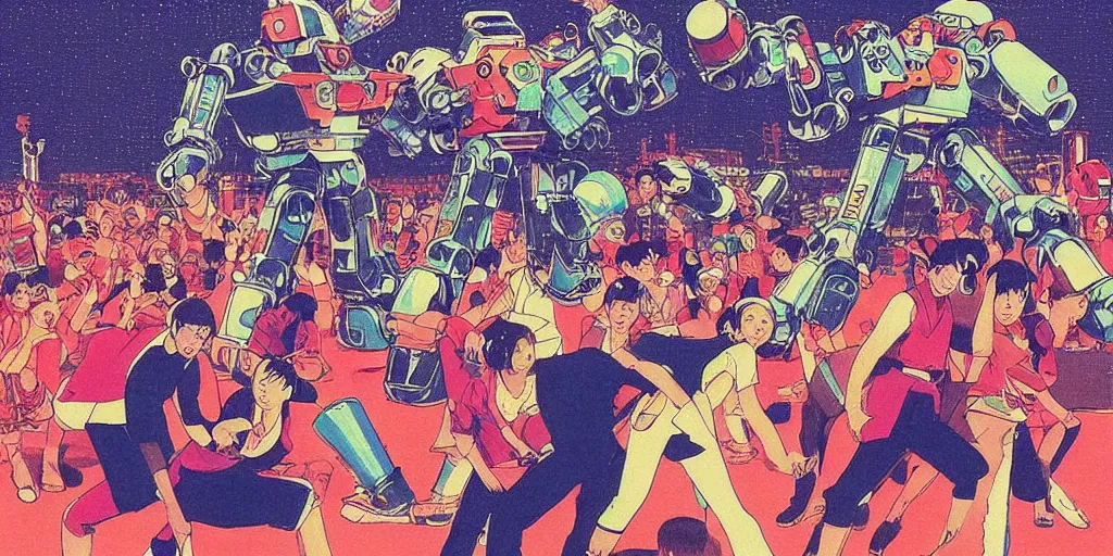 Image similar to gigantic mecha robots in a dance battle, a lot of people in disco clothes dancing, disco balls everywhere, risograph by kawase hasui, edward hopper, satoshi kon and moebius, no text!, colorful flat surreal design, super - detailed, a lot of tiny details, fullshot