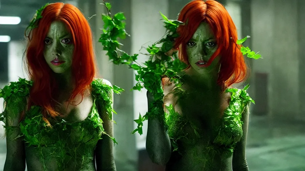 Prompt: Aubrey Plaza as Poison Ivy in The Dark Knight, green skin film still from the movie directed by Denis Villeneuve with art direction by Salvador Dalí, wide lens