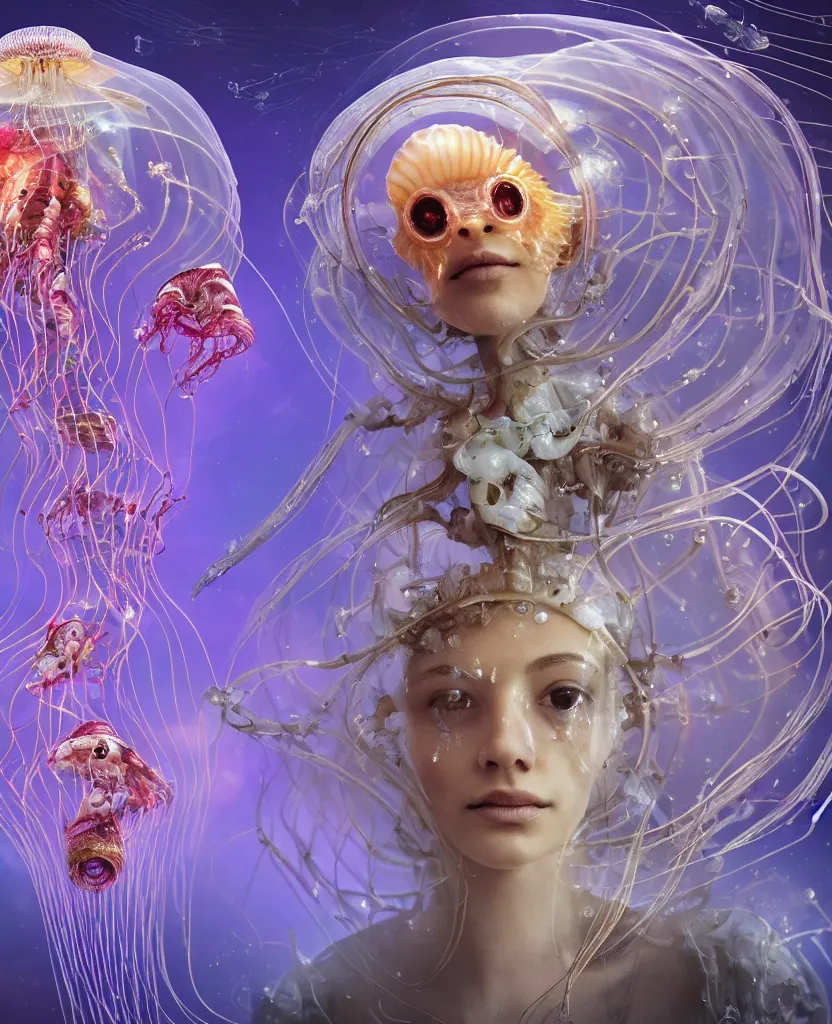 Prompt: close-up portrait of the face of a beautiful princess in a twisted flowers jellyfish mask in a spaceman suit surrounded by energy flow, epic angle and pose, symmetrical artwork, 3d with depth of field, blurred background, floating jellyfish skull phoenix bird, translucent, nautilus, energy flows of water and fire. a highly detailed epic cinematic concept art CG render. made in Maya, Blender and Photoshop, octane render, excellent composition, cinematic dystopian brutalist atmosphere, dynamic dramatic cinematic lighting, aesthetic, very inspirational, arthouse. y Greg Rutkowski, Ilya Kuvshinov, WLOP, Stanley Artgerm Lau, Ruan Jia and Fenghua Zhong