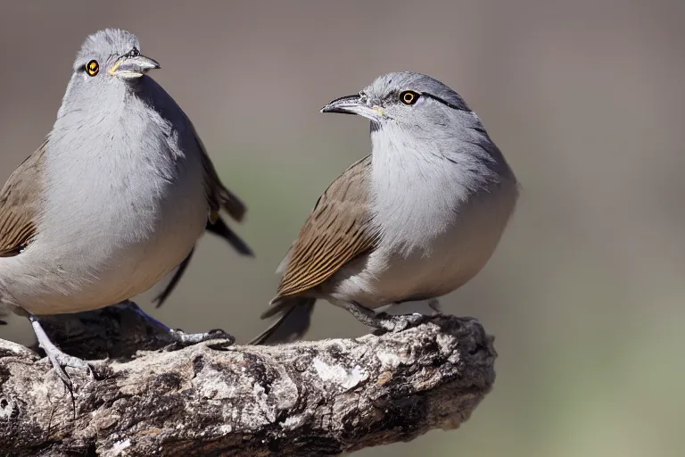 Prompt: Grey-crowned Babblers sitting on a branch, shallow depth of field, blur, out-of-focus background