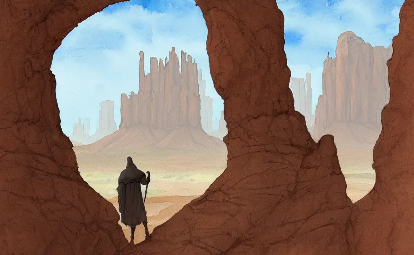 Prompt: a hyperrealist watercolor concept art of a medieval monk in grey robes in monument valley looking through a small rock arch at a castle from an alien world. very muted colors, by rebecca guay, michael kaluta, charles vess. high detail, hq, wide shot, 4 k