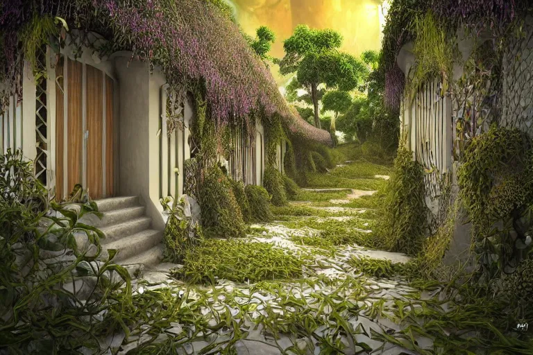 Prompt: simplicity, elegance, foliage overgrowing favela honeybee hive, art nouveau environment, award winning art, epic dreamlike fantasy landscape, ultra realistic,