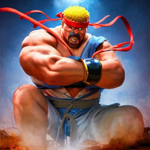 Image similar to danny mcbride as e. honda street fighter, battle stance, ultra realistic, concept art, intricate details, highly detailed, photorealistic, octane render, 8 k, unreal engine, art by frank frazetta, simon bisley, brom