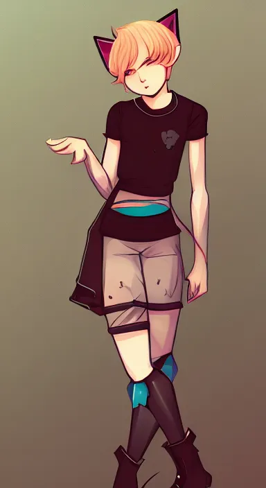 Prompt: Full body portrait of a cute catboy wearing feminine clothes. Award-winning digital art, trending on ArtStation.