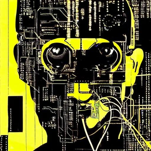 Image similar to a face covered in computer circuits, scifi, bladerunner, cyberpunk, heavy ink, yellow, illustration by mike mignola