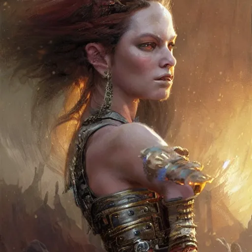 Image similar to a fiercey warrior princess in scale mail, fantasy character portrait by greg rutkowski, gaston bussiere, craig mullins