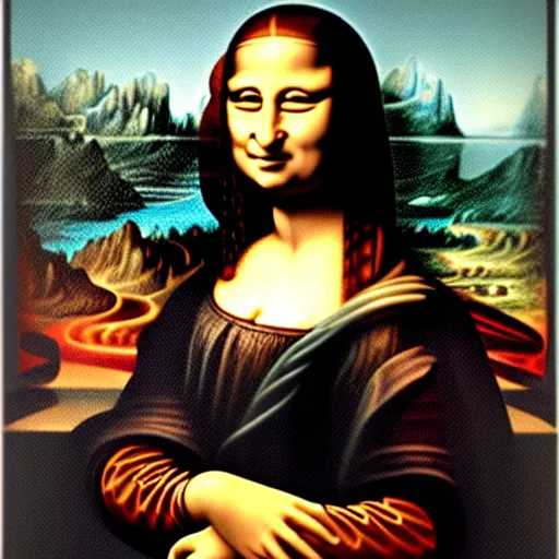 Prompt: a extremely detailed portrait of the mona lisa holding a paintbrush and painting herself 4 k