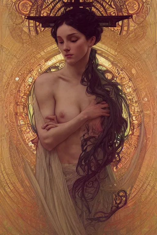 Image similar to a full body portrait of a beautiful ethereal delicate mage queen meditative sacral pose catholic stages of the cross, intricate, elegant, highly detailed, digital painting, artstation, concept art, smooth, sharp focus, illustration, art by krenz cushart and artem demura and alphonse mucha