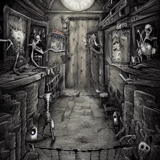 Image similar to grunge cartoon drawing of the end of the world by - michael karcz , in the style of corpse bride, loony toons style, horror themed, detailed, elegant, intricate