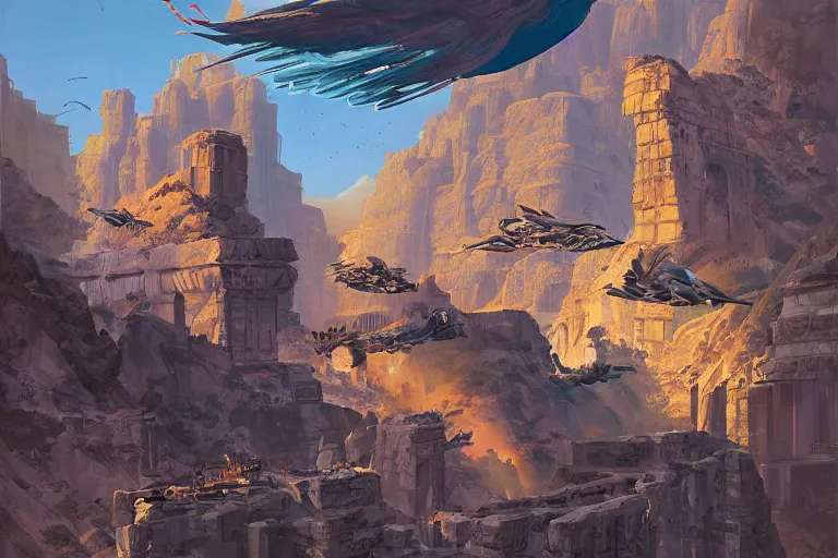 Image similar to an architectural painting of birds flying above the ruins of an archaic city of ancient persia looming above a canyon by syd mead and peter mohrbacher and james gilleard in the style of hugh ferriss