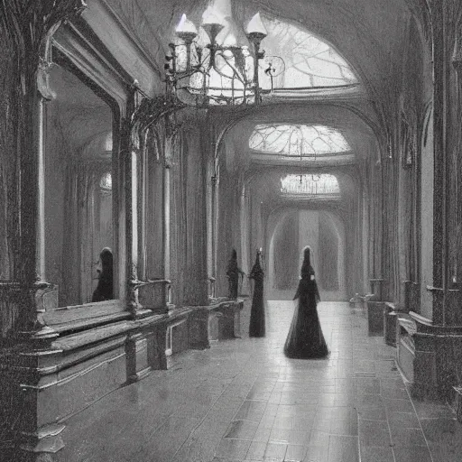 Image similar to a beautiful victorian woman is frightened by her doppleganger in a mirror. she is in a long hallway of mirrors. victorian interior, with many mirrors, elegant design, haunting atmosphere, dimly lit, gothic, horror style, by greg rutkowski, realistic, low angle, 3 / 4 view.