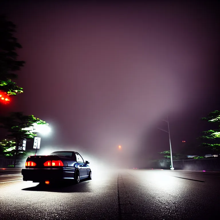 Image similar to one car JZX90 twin turbo drift middle of empty street, misty kanagawa prefecture, night, cinematic color, photorealistic, highly detailed,