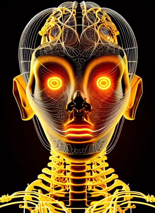 Image similar to full body illustration of a futuristic female golden mechanical skeleton with human face, wires, glowing internal light, hyperdetailed, by alex grey, intricate linework, faberge, intricate gold linework, dark atmosphere, unreal engine 5 highly rendered, global illumination, radiant light, detailed and intricate environment