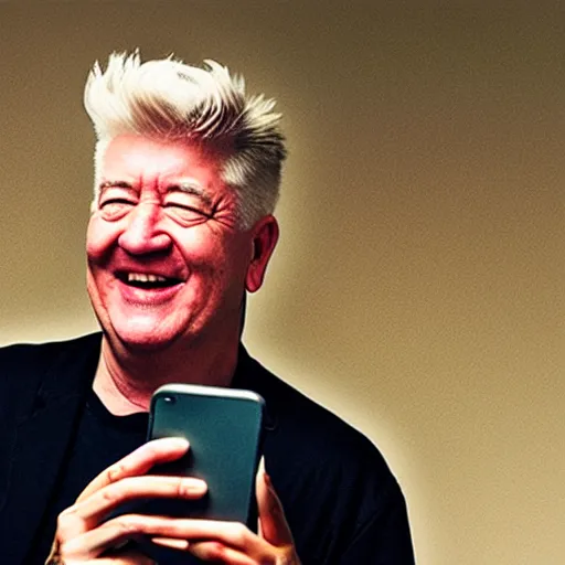 Image similar to David Lynch taking a selfie laughing