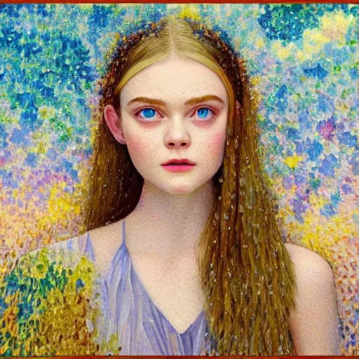 Prompt: professional painting of Elle Fanning in Halo 2 in the style of Henri-Edmond Cross, head and shoulders portrait, symmetrical facial features, smooth, sharp focus, illustration, intricate, stormy weather, extremely detailed masterpiece,