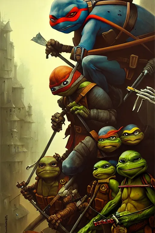 Image similar to hieronymus bosch, greg rutkowski, anna podedworna, painting of teenage mutant ninja turtles casey jones