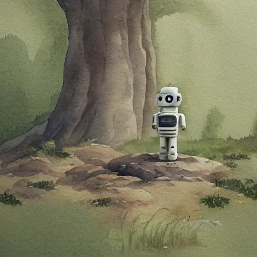 Image similar to a small lonely robot in the field, illustration, robot, trees, deforestation , Nice colour scheme, soft warm colour. Studio Gibli. Beautiful detailed watercolor by Lurid. (2022)