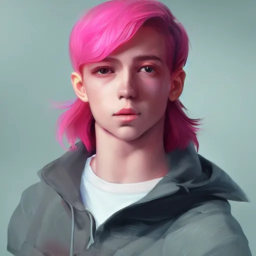 Prompt: teen boy, pink hair, pink eyes, elegant, georgeus, bust portrait, high detalied, digital art, artstation, by ilya kuvishinov and Ross Tran