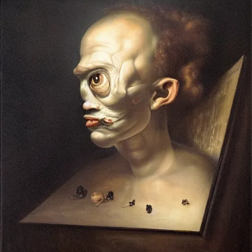 Image similar to oil painting with black background by christian rex van minnen rachel ruysch dali todd schorr of a symmetrical chiaroscuro portrait of an extremely bizarre disturbing mutated man with acne intense chiaroscuro cast shadows obscuring features dramatic lighting perfect composition masterpiece
