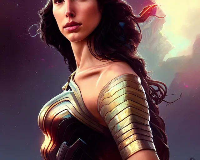 Image similar to photography of gal gadot, deep focus, futuristic, intricate, elegant, highly detailed, digital painting, artstation, concept art, matte, sharp focus, illustration, hearthstone, art by artgerm and greg rutkowski and alphonse mucha