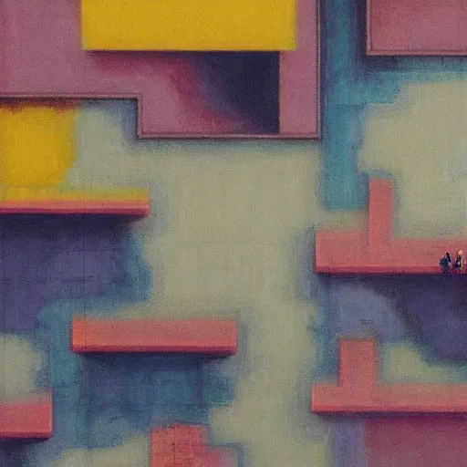 Prompt: neo brutralism, concrete pathways crossing chasms with dystopian housing, concept art, colorful, in the style of Mark Rothko, Edward Hopper and Akihiko Yoshida