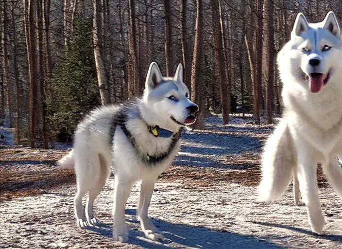 Image similar to film still of an anthropomorphic standing upright man dog white vested husky!!!!!! in a white vest wearing a white vest!!!!! in the new sci - fi movie, 8 k