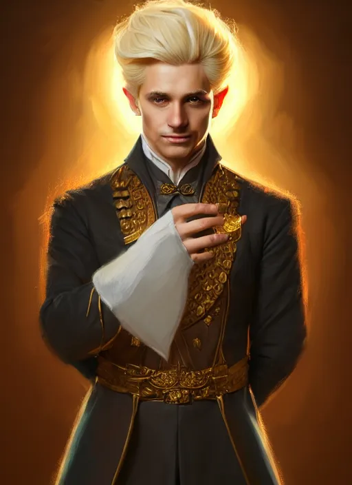 Prompt: Portrait of man of royalty, D&D fantasy, his hair is blonde, he has a distinguished expression, and is wearing a official garment. Intricate, highly detailed, digital painting, artstation, concept art, sharp focus, illustration, art by greg rutkowski and Ross Tran